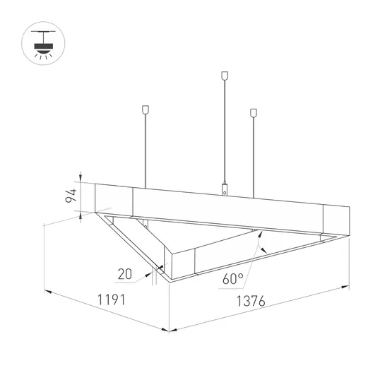 Фото #2 товара Светильник ALT-LINEAIR-TRIANGLE-FLAT-UPDOWN-DIM-1375-130W Warm3000 (BK, 100 deg, 230V) (Arlight, IP20 Металл, 3 года)